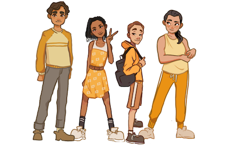 4 adolescents with a range of expressions of puberty hanging out next to each other